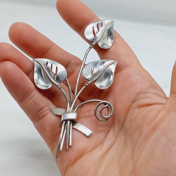 STERLING CORO sterling silver leaves brooch mid century - Picture 2 of 7